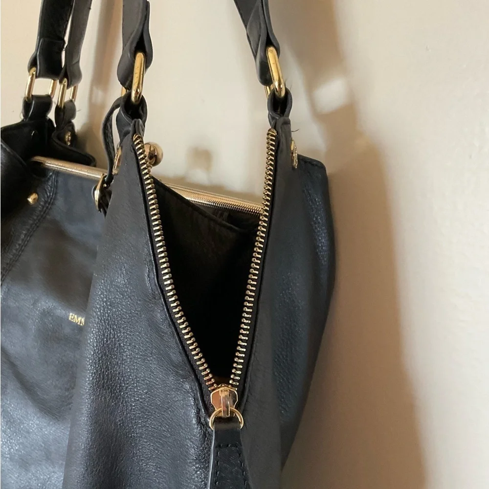 Emma Fox Black Leather Handbag with Gold Hardware